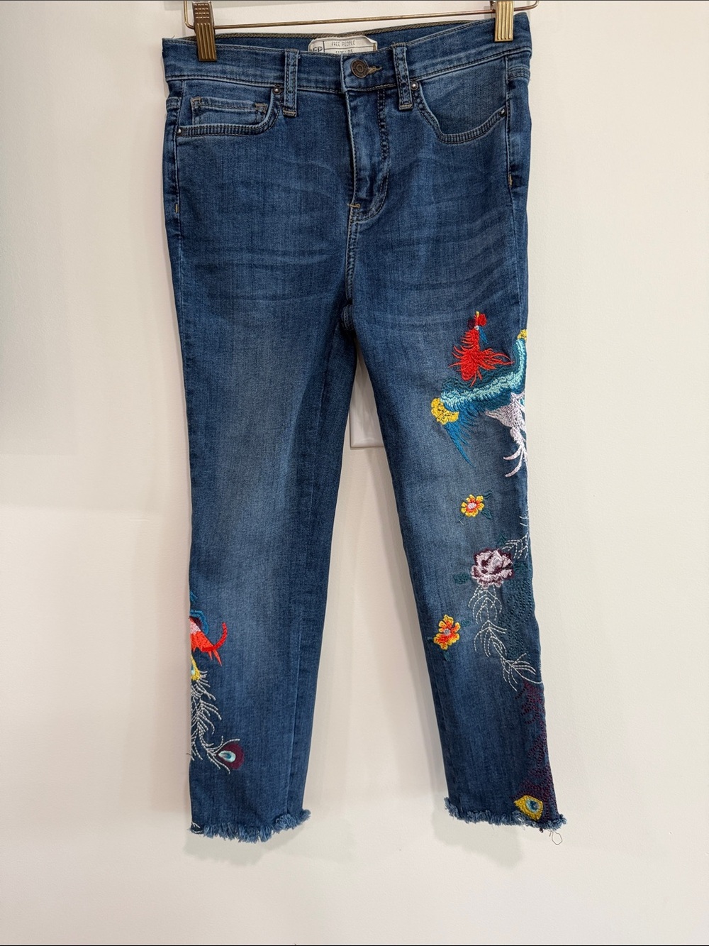 Free People Mid-Dark Blue Embroidered Cropped Ankle Jeans